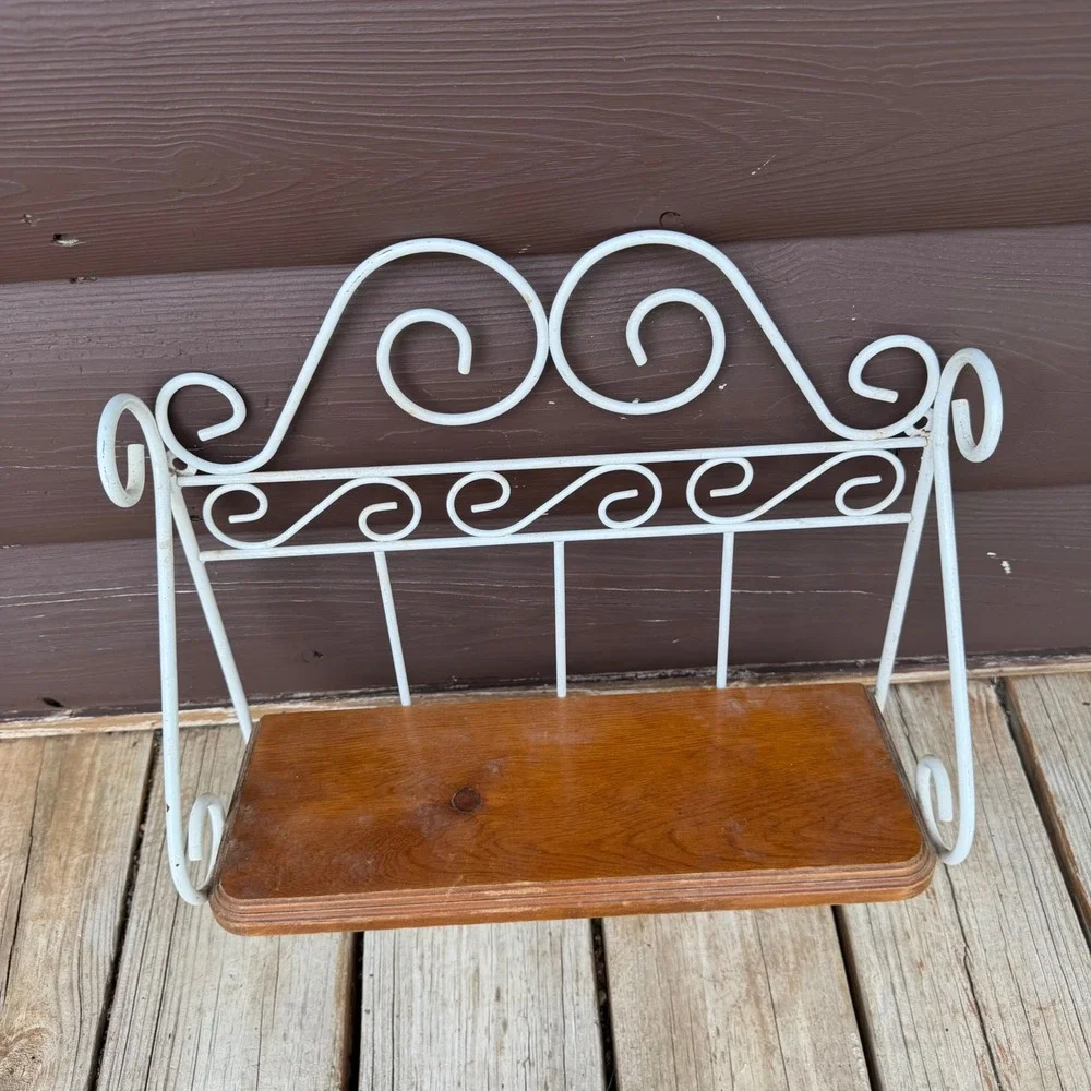 Vintage Wrought Iron Wall Shelf White Scrollwork Wood Inlay Cottagecore 16x14